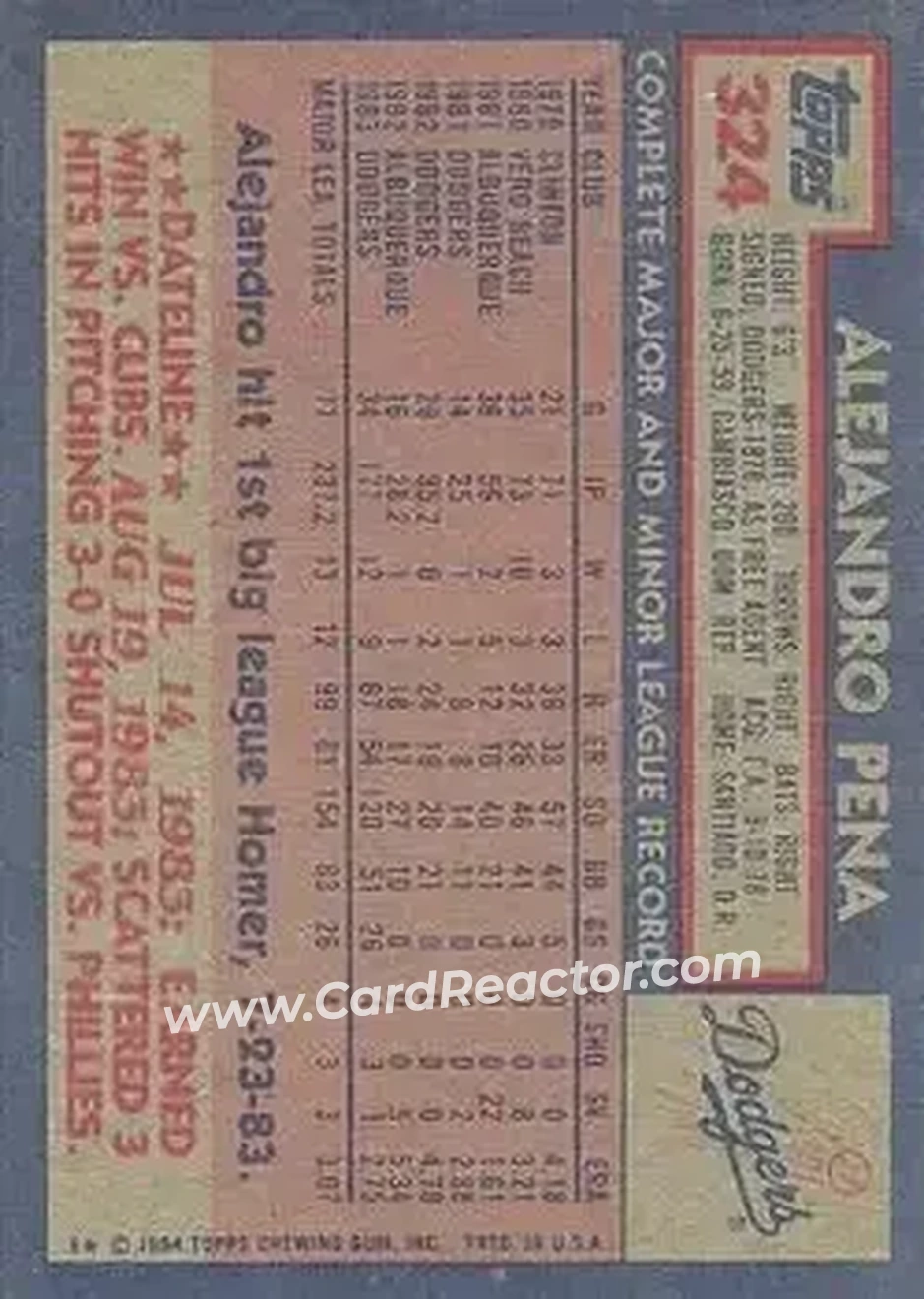 1984 Topps #324 - Alejandro Pena - Los Angeles Dodgers - Back 1984 Topps #324 - Alejandro Pena - Los Angeles Dodgers - Back