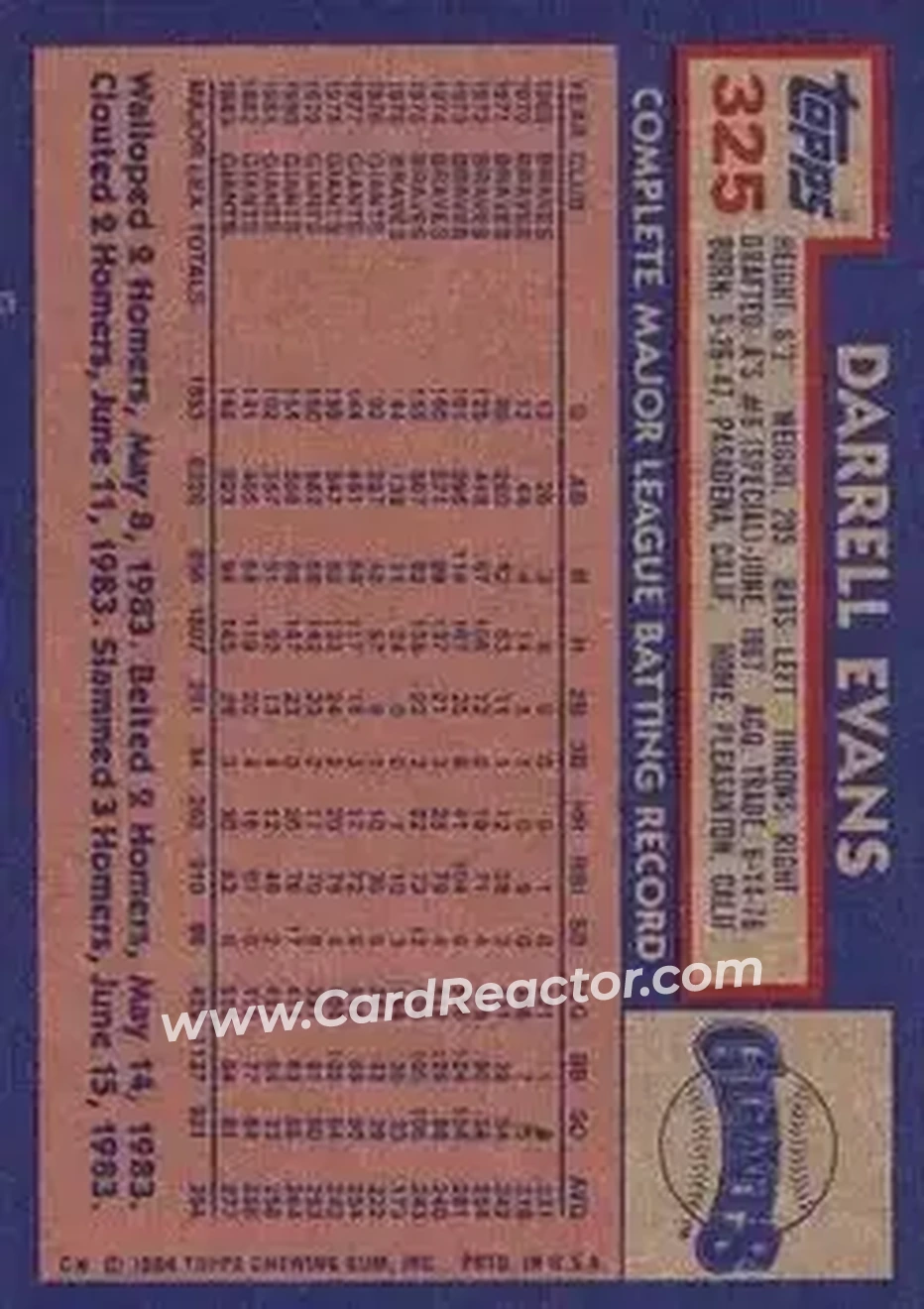 1984 Topps #325 - Darrell Evans - San Francisco Giants - Back
