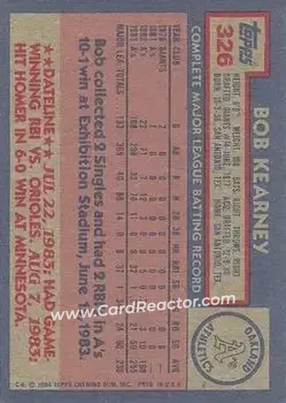 1984 Topps #326 - Bob Kearney - Oakland Athletics - Back