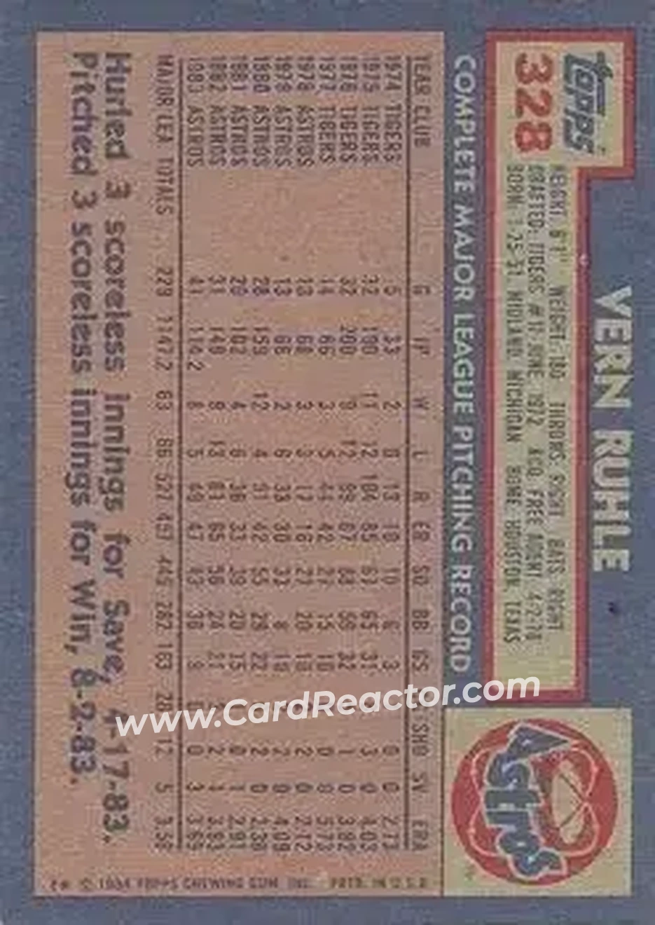 1984 Topps #328 - Vern Ruhle - Houston Astros - Back