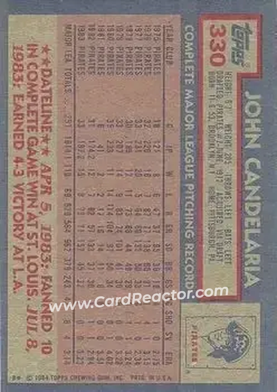 1984 Topps #330 - John Candelaria - Pittsburgh Pirates - Back
