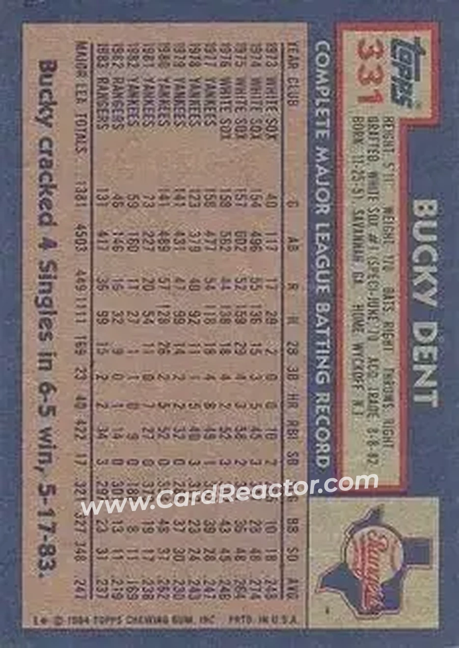 1984 Topps #331 - Bucky Dent - Texas Rangers - Back 1984 Topps #331 - Bucky Dent - Texas Rangers - Back