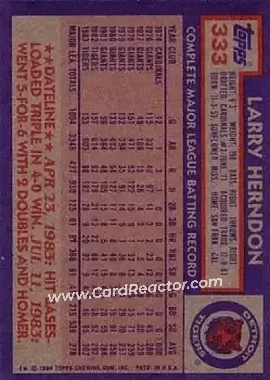 1984 Topps #333 - Larry Herndon - Detroit Tigers - Back