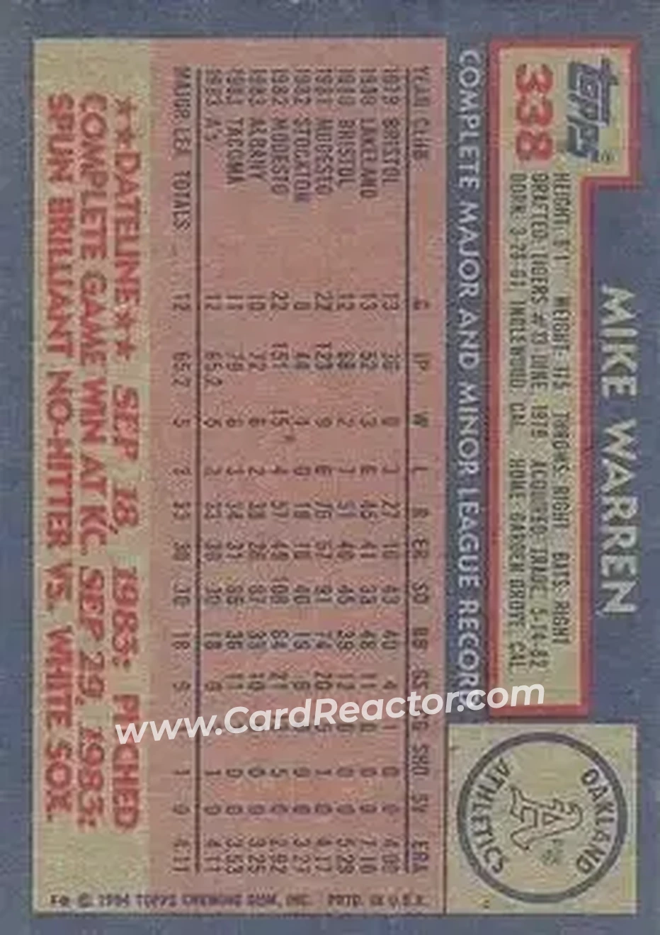 1984 Topps #338 - Mike Warren - Oakland Athletics - Back