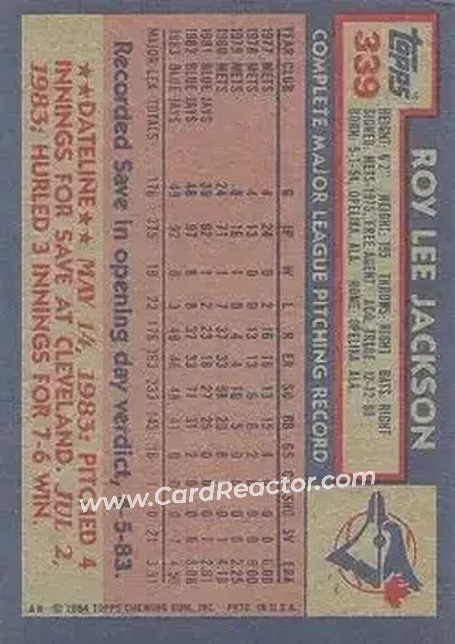 1984 Topps #339 - Roy Lee Jackson - Toronto Blue Jays - Back
