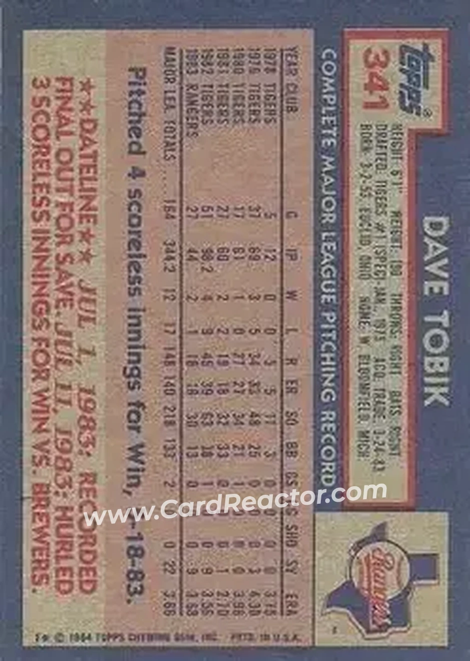 1984 Topps #341 - Dave Tobik - Texas Rangers - Back