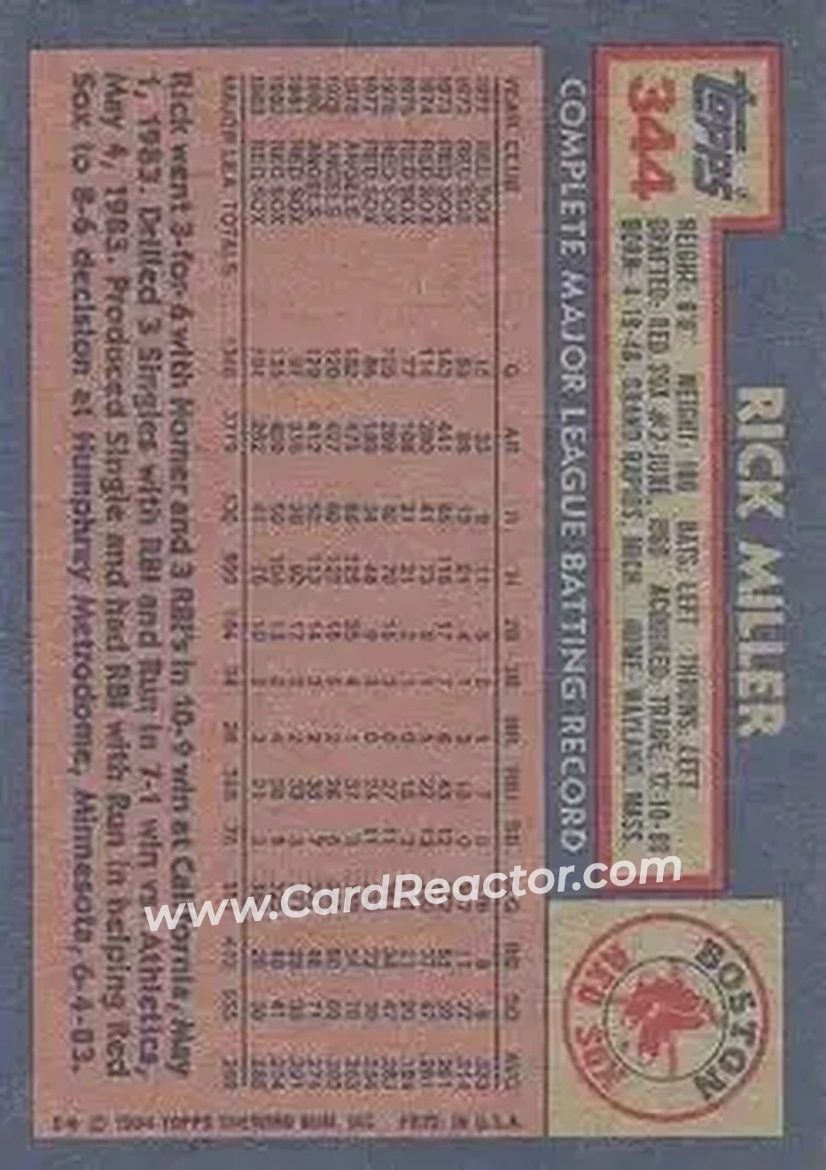 1984 Topps #344 - Rick Miller - Boston Red Sox - Back