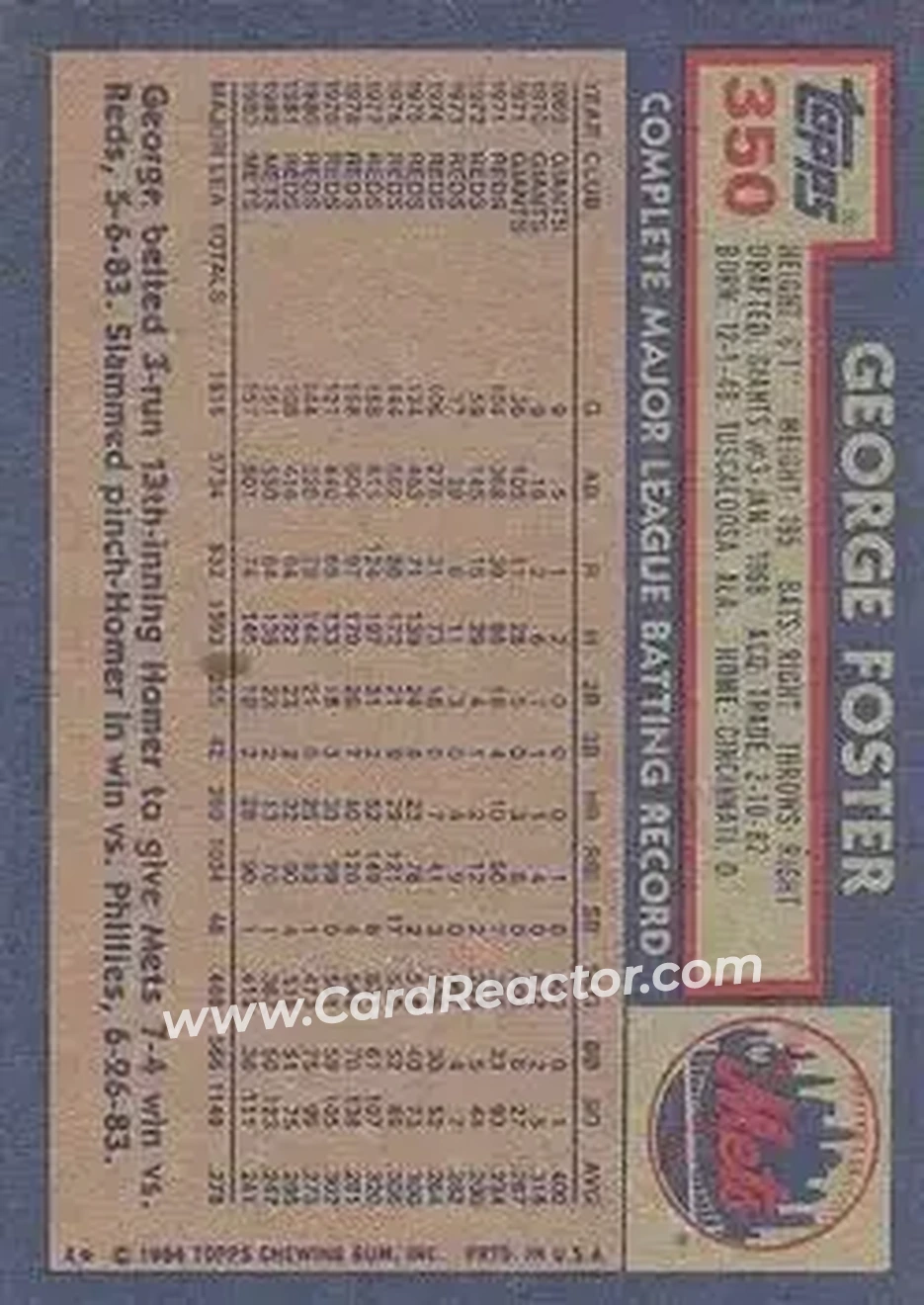 1984 Topps #350 - George Foster - New York Mets - Back