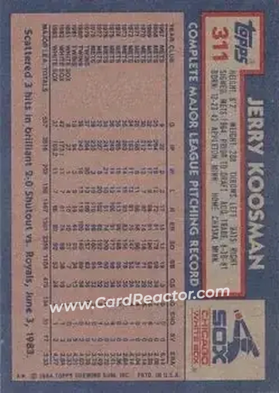 1984 Topps #311 - Jerry Koosman - Chicago White Sox - Back 1984 Topps #311 - Jerry Koosman - Chicago White Sox - Back