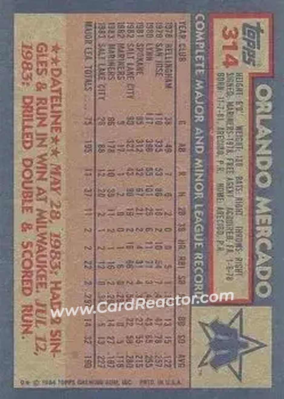 1984 Topps #314 - Orlando Mercado - Seattle Mariners - Back