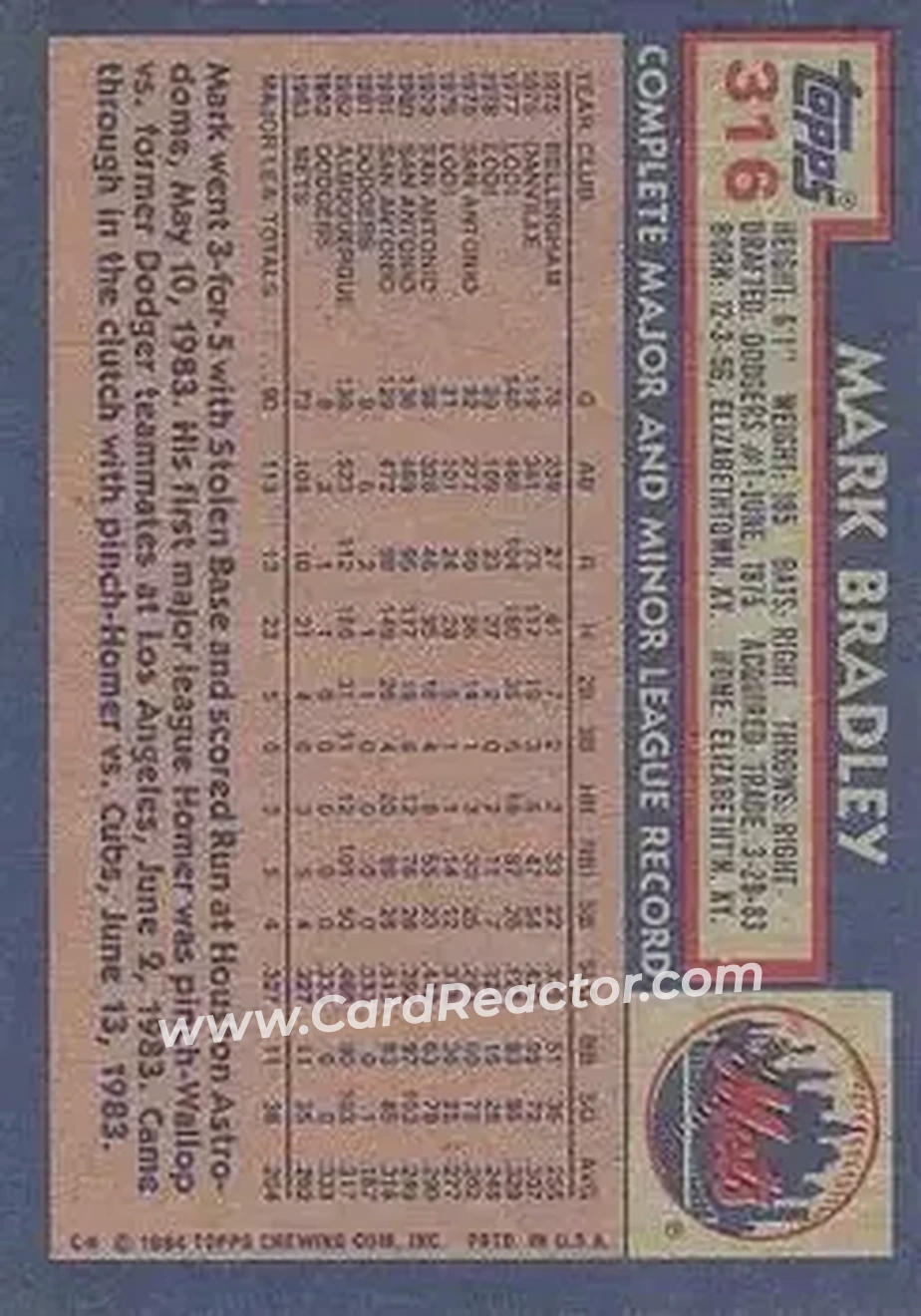 1984 Topps #316 - Mark Bradley - New York Mets - Back