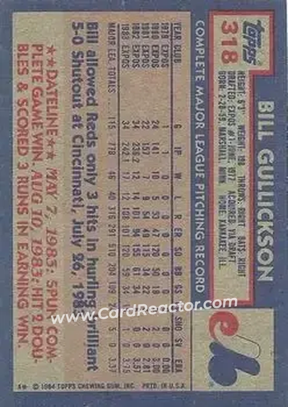 1984 Topps #318 - Bill Gullickson - Montreal Expos - Back