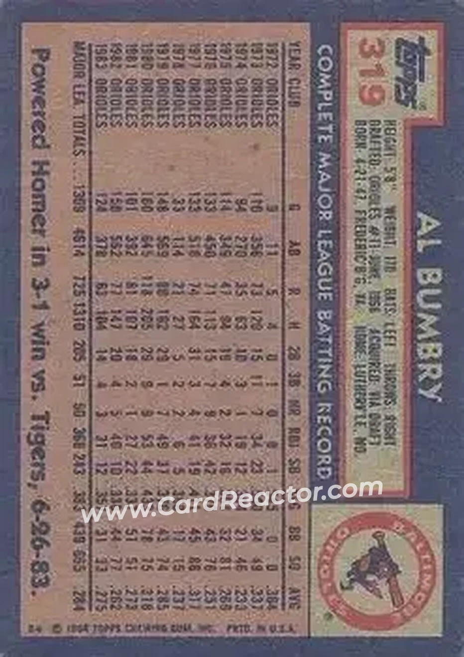 1984 Topps #319 - Al Bumbry - Baltimore Orioles - Back 1984 Topps #319 - Al Bumbry - Baltimore Orioles - Back