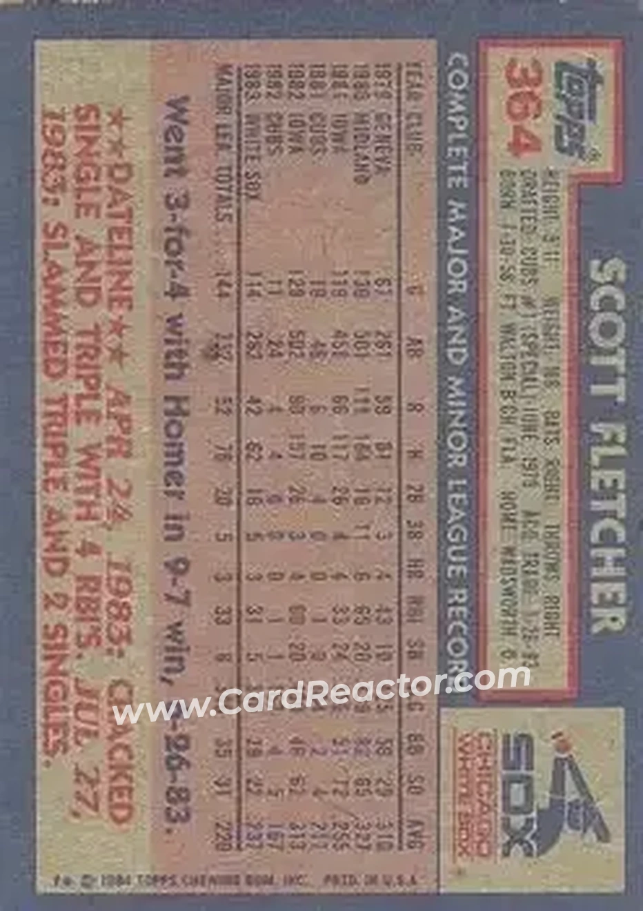 1984 Topps #364 - Scott Fletcher - Chicago White Sox - Back