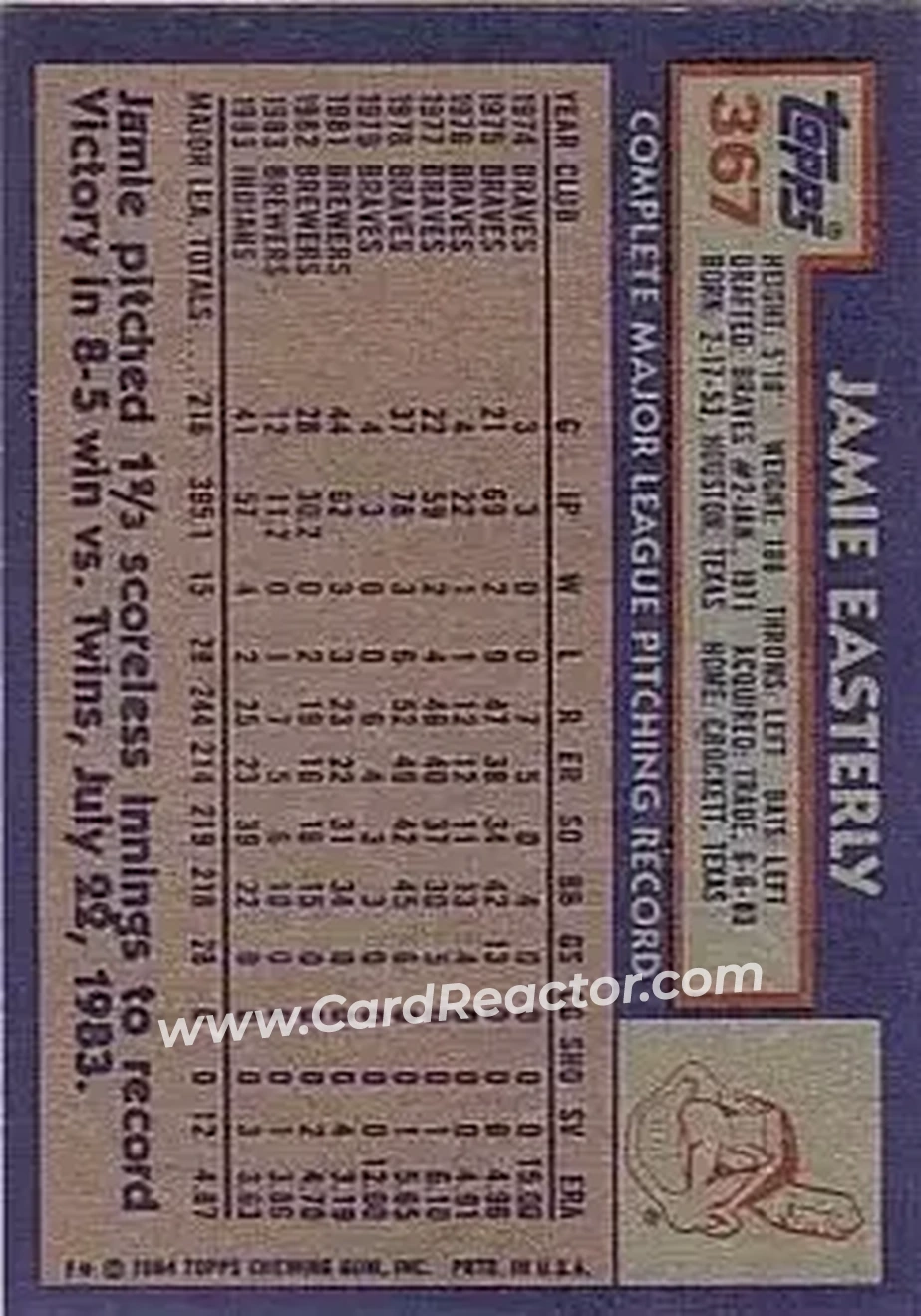 1984 Topps #367 - Jamie Easterly - Cleveland Indians - Back
