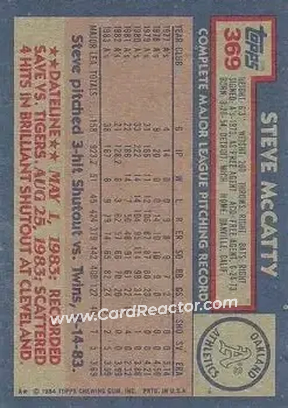 1984 Topps #369 - Steve McCatty - Oakland Athletics - Back