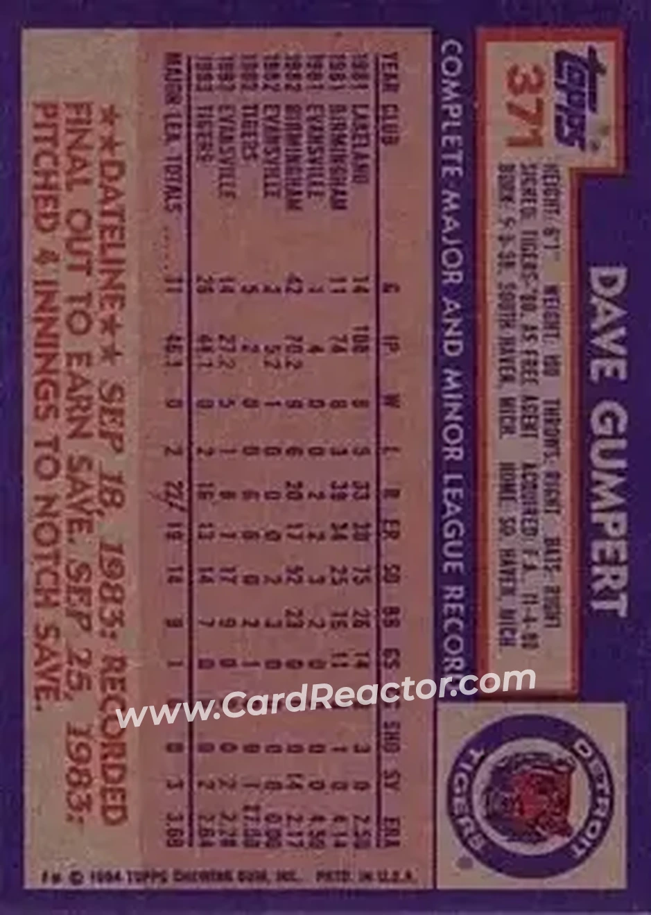 1984 Topps #371 - Dave Gumpert - Detroit Tigers - Back