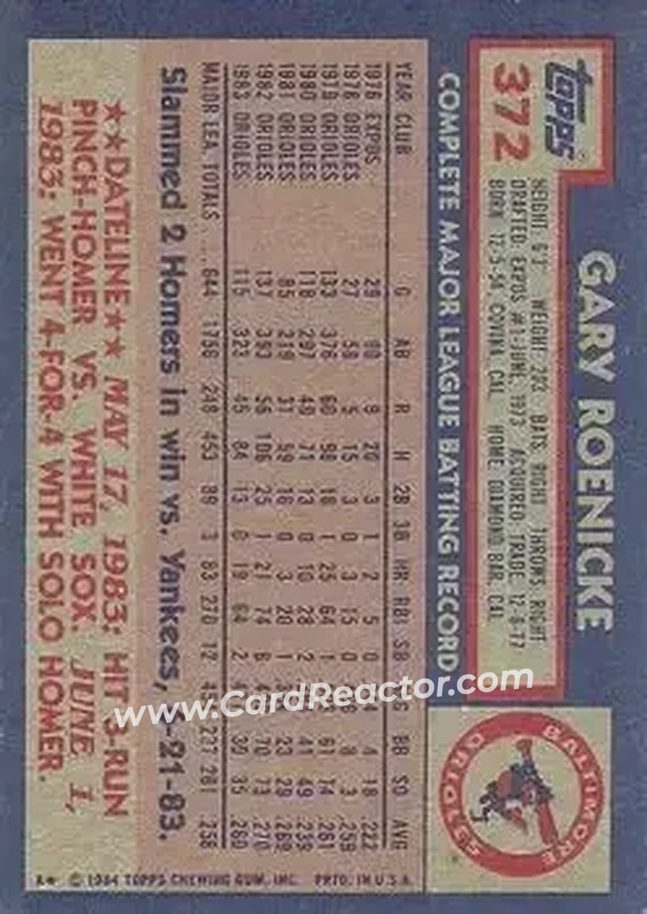 1984 Topps #372 - Gary Roenicke - Baltimore Orioles - Back 1984 Topps #372 - Gary Roenicke - Baltimore Orioles - Back