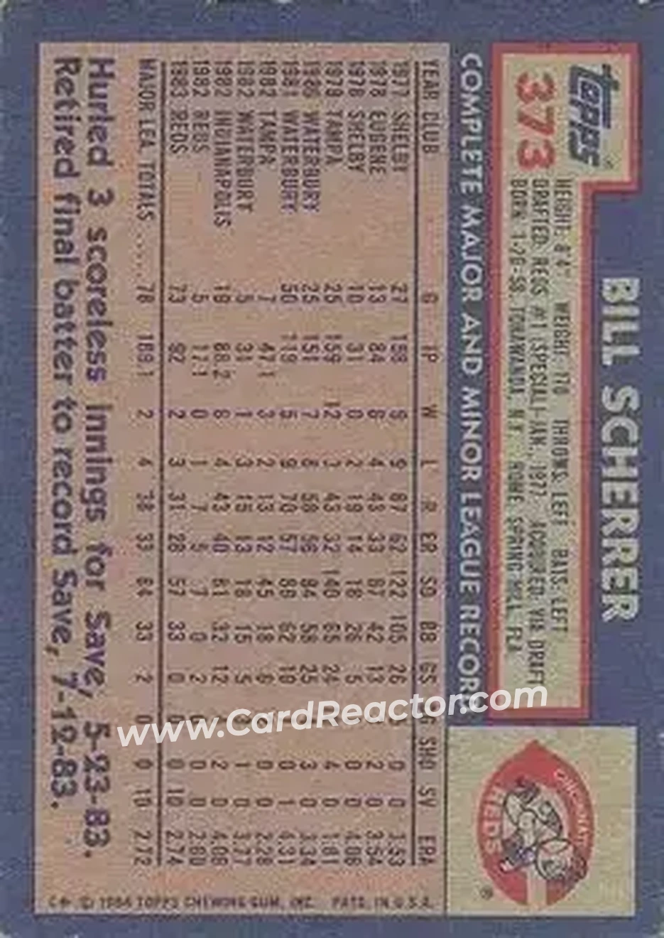 1984 Topps #373 - Bill Scherrer - Cincinnati Reds - Back