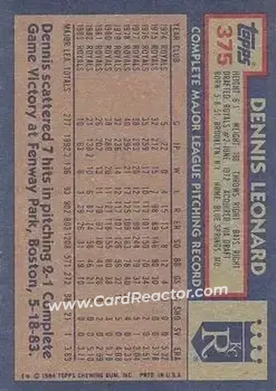1984 Topps #375 - Dennis Leonard - Kansas City Royals - Back