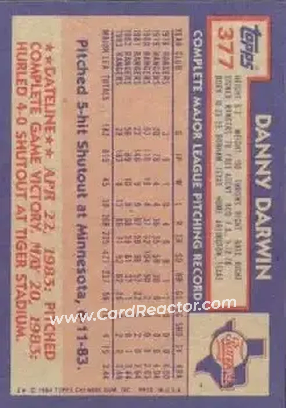 1984 Topps #377 - Danny Darwin - Texas Rangers - Back 1984 Topps #377 - Danny Darwin - Texas Rangers - Back