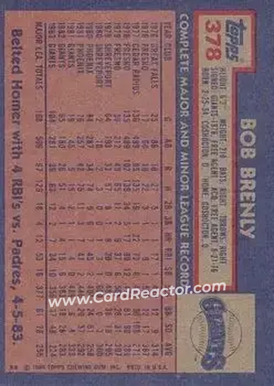 1984 Topps #378 - Bob Brenly - San Francisco Giants - Back