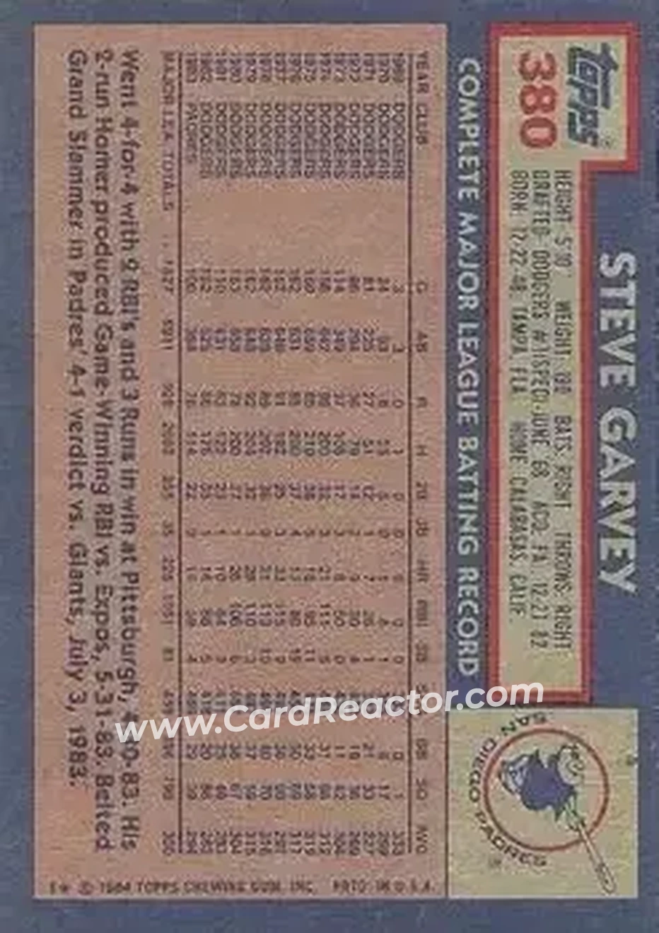 1984 Topps #380 - Steve Garvey - San Diego Padres - Back