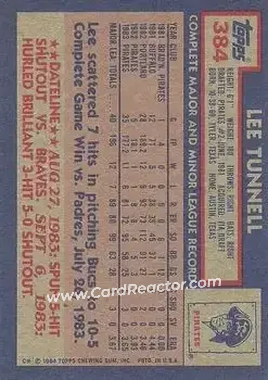 1984 Topps #384 - Lee Tunnell - Pittsburgh Pirates - Back