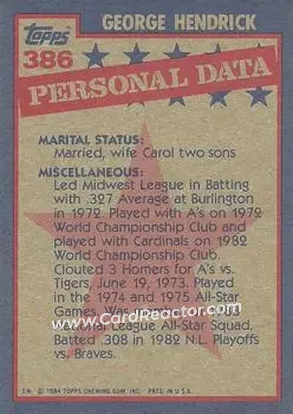 1984 Topps #386 - George Hendrick - St. Louis Cardinals - Back