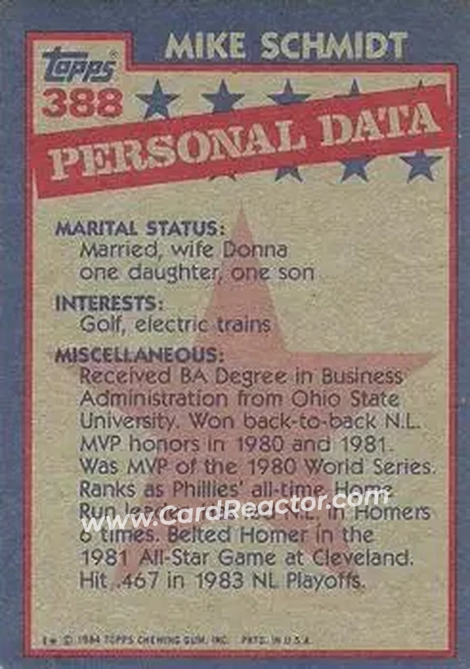 1984 Topps #388 - Mike Schmidt - Philadelphia Phillies - Back 1984 Topps #388 - Mike Schmidt - Philadelphia Phillies - Back