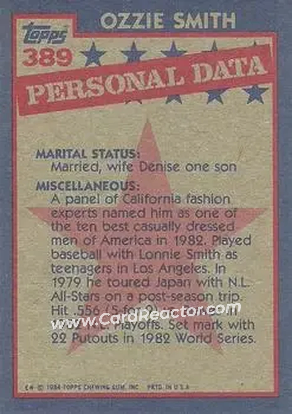 1984 Topps #389 - Ozzie Smith - St. Louis Cardinals - Back