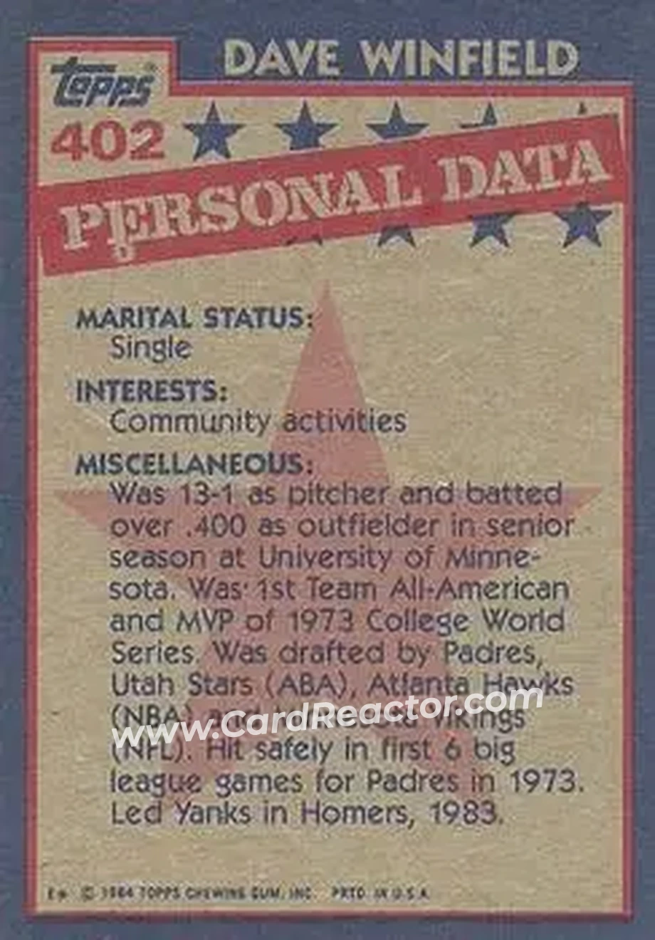 1984 Topps #402 - Dave Winfield - New York Yankees - Back