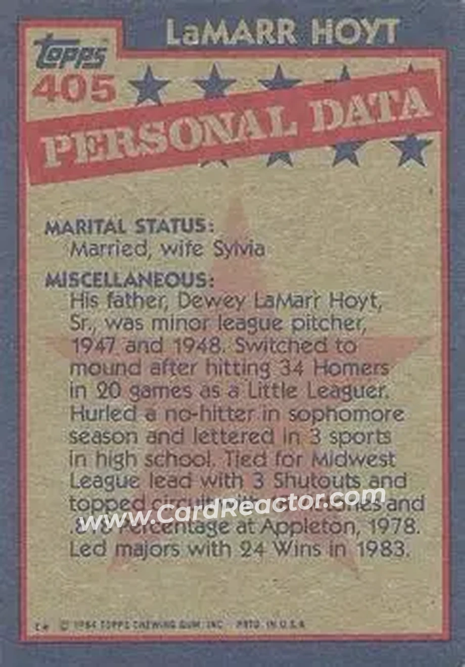 1984 Topps #405 - LaMarr Hoyt - Chicago White Sox - Back