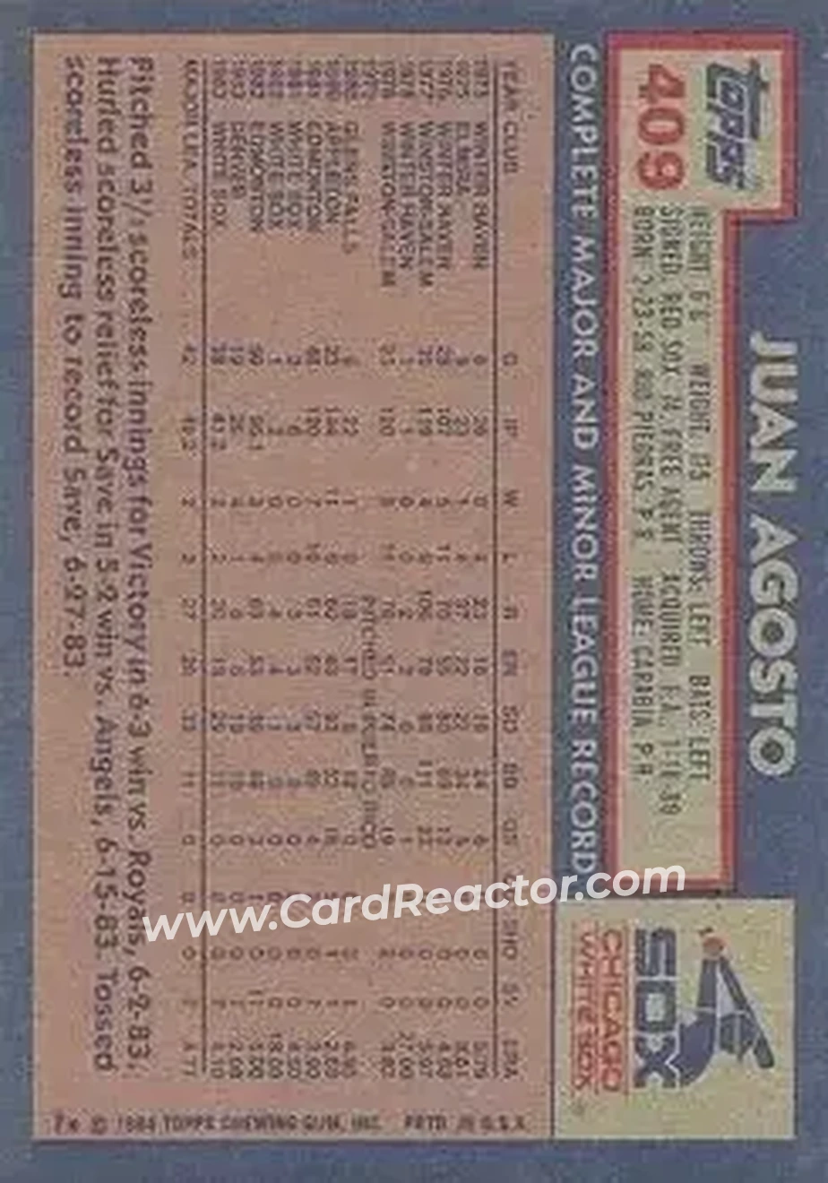 1984 Topps #409 - Juan Agosto - Chicago White Sox - Back