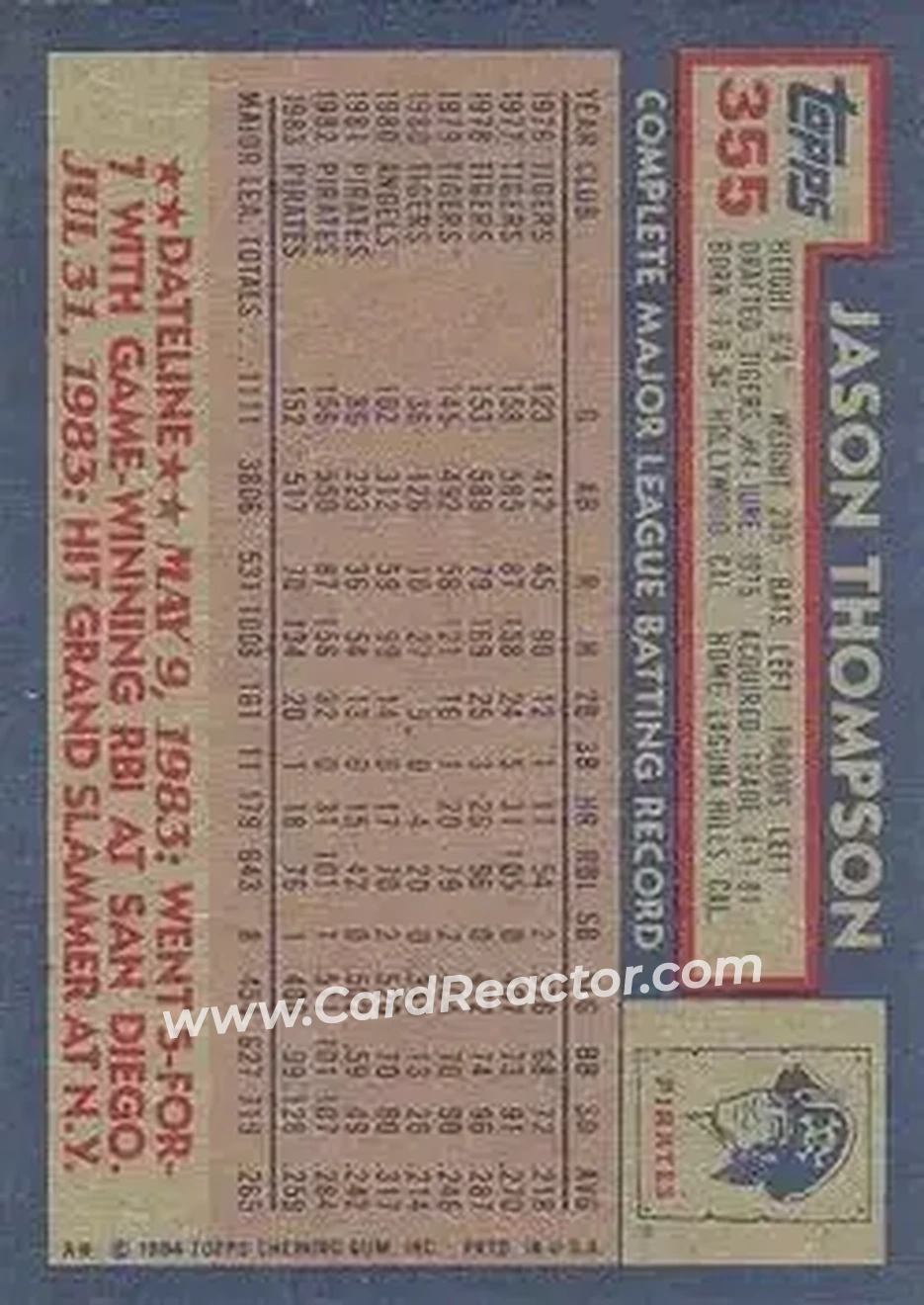 1984 Topps #355 - Jason Thompson - Pittsburgh Pirates - Back