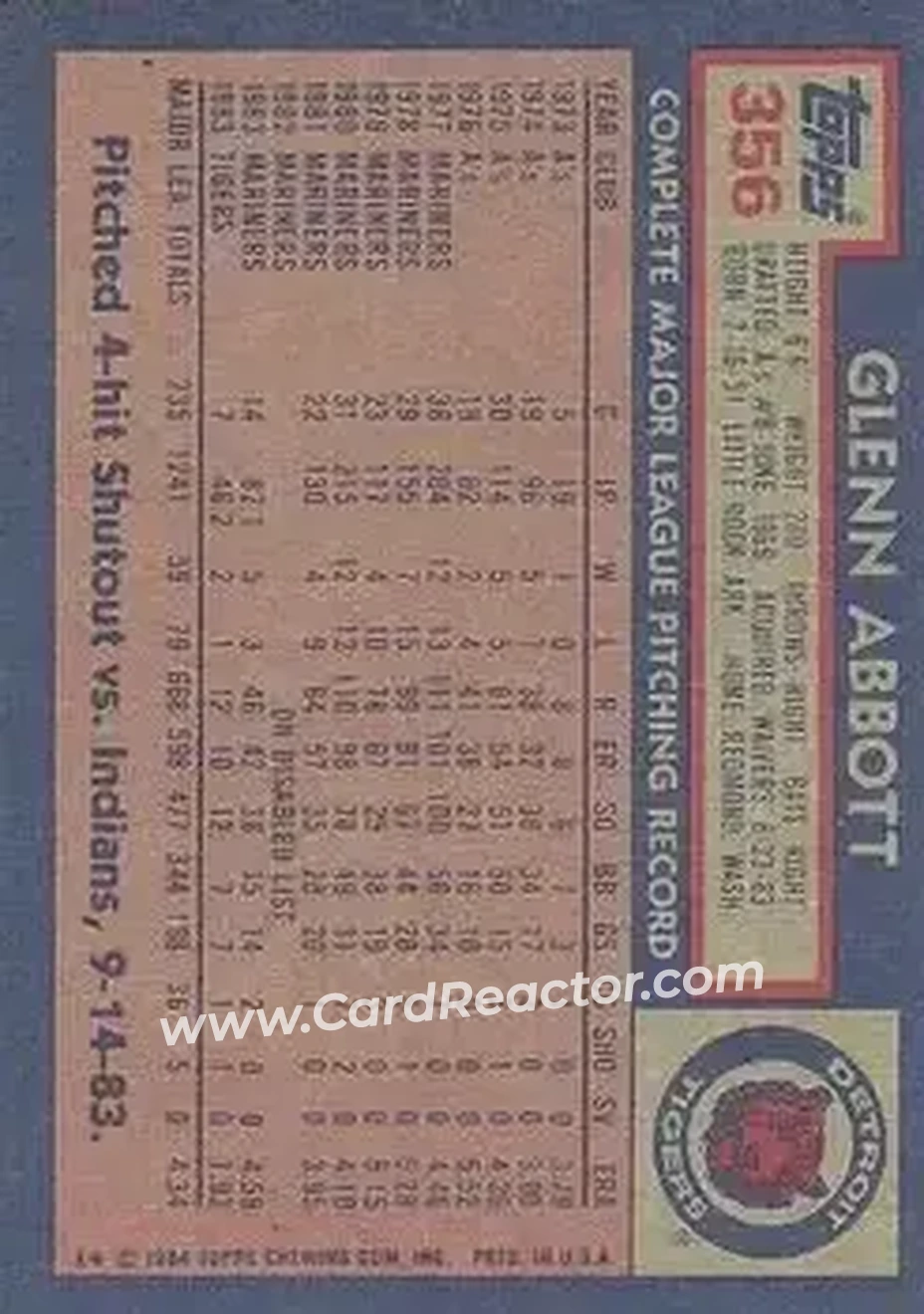 1984 Topps #356 - Glenn Abbott - Detroit Tigers - Back