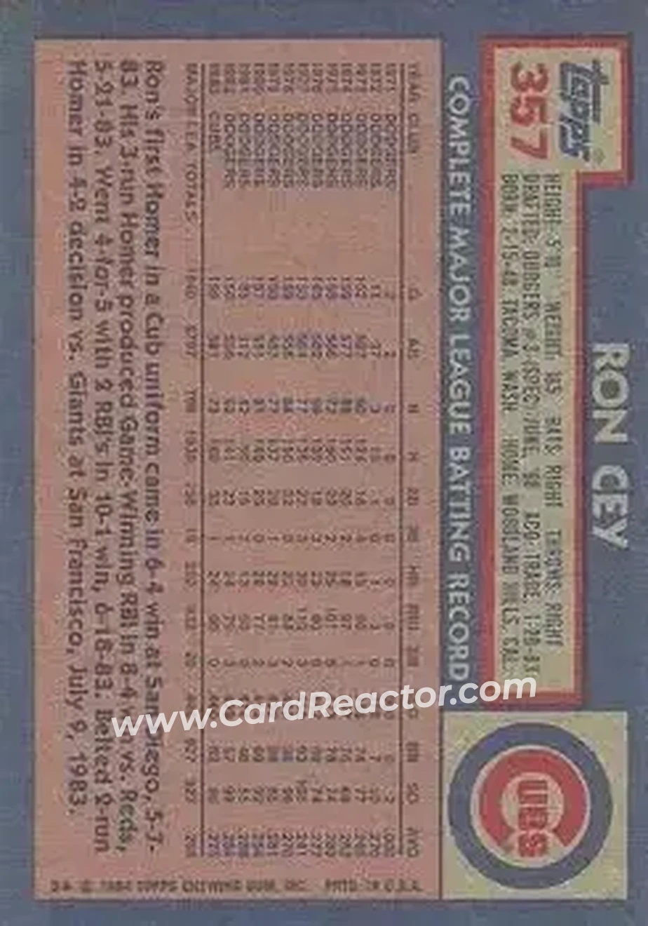 1984 Topps #357 - Ron Cey - Chicago Cubs - Back