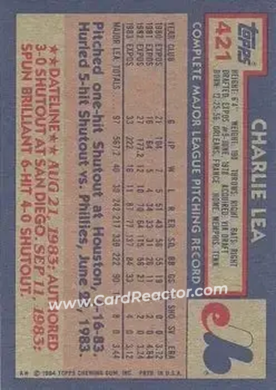 1984 Topps #421 - Charlie Lea - Montreal Expos - Back