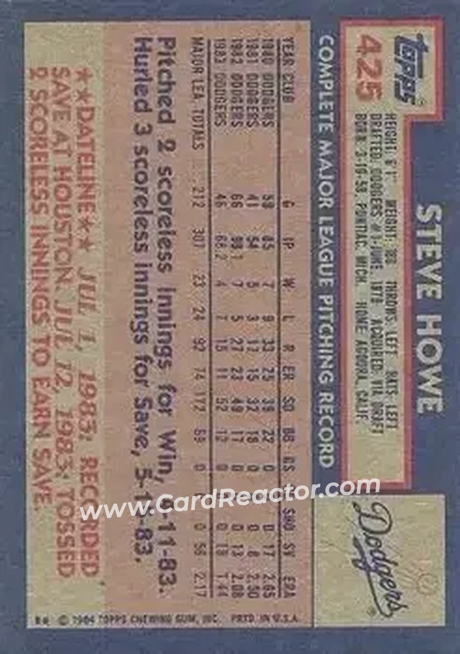 1984 Topps #425 - Steve Howe - Los Angeles Dodgers - Back