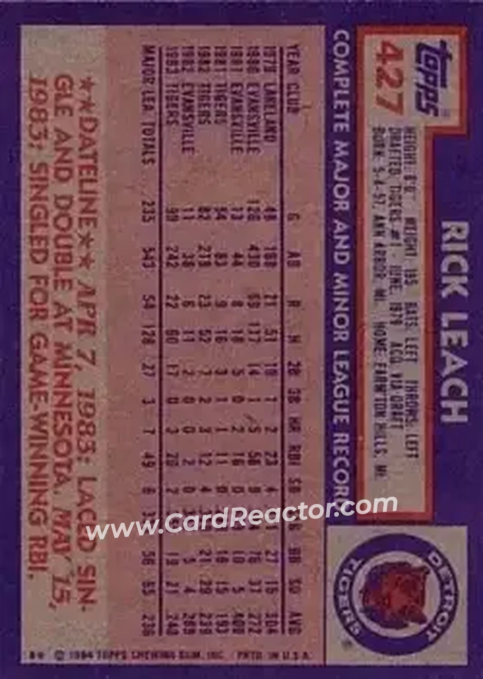 1984 Topps #427 - Rick Leach - Detroit Tigers - Back