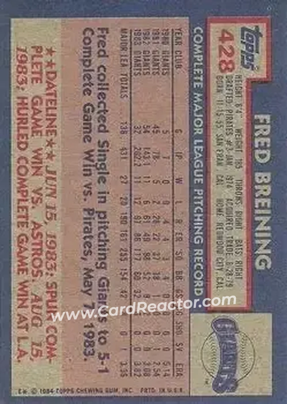1984 Topps #428 - Fred Breining - San Francisco Giants - Back 1984 Topps #428 - Fred Breining - San Francisco Giants - Back