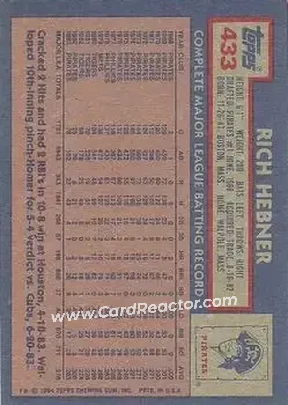1984 Topps #433 - Rich Hebner - Pittsburgh Pirates - Back