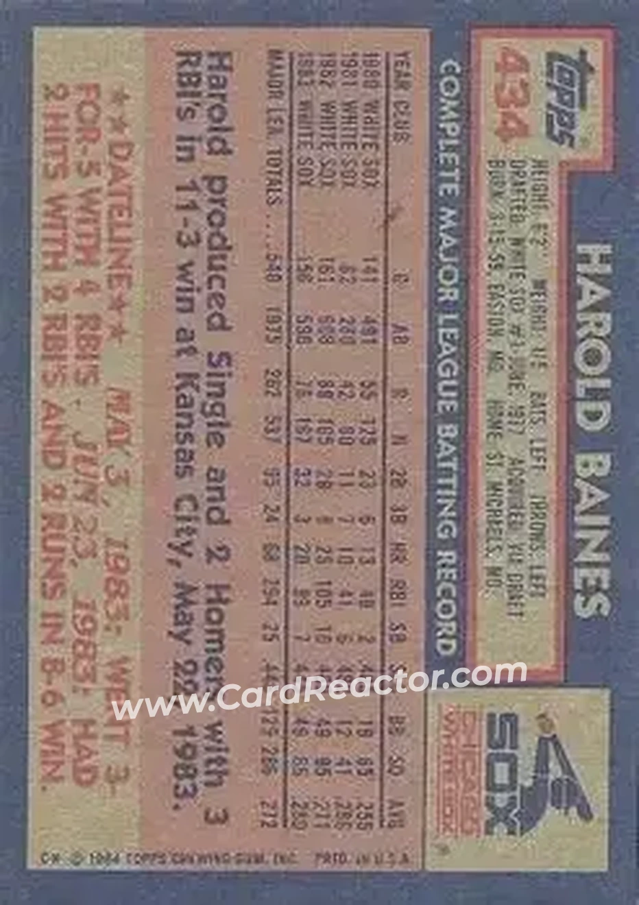 1984 Topps #434 - Harold Baines - Chicago White Sox - Back 1984 Topps #434 - Harold Baines - Chicago White Sox - Back