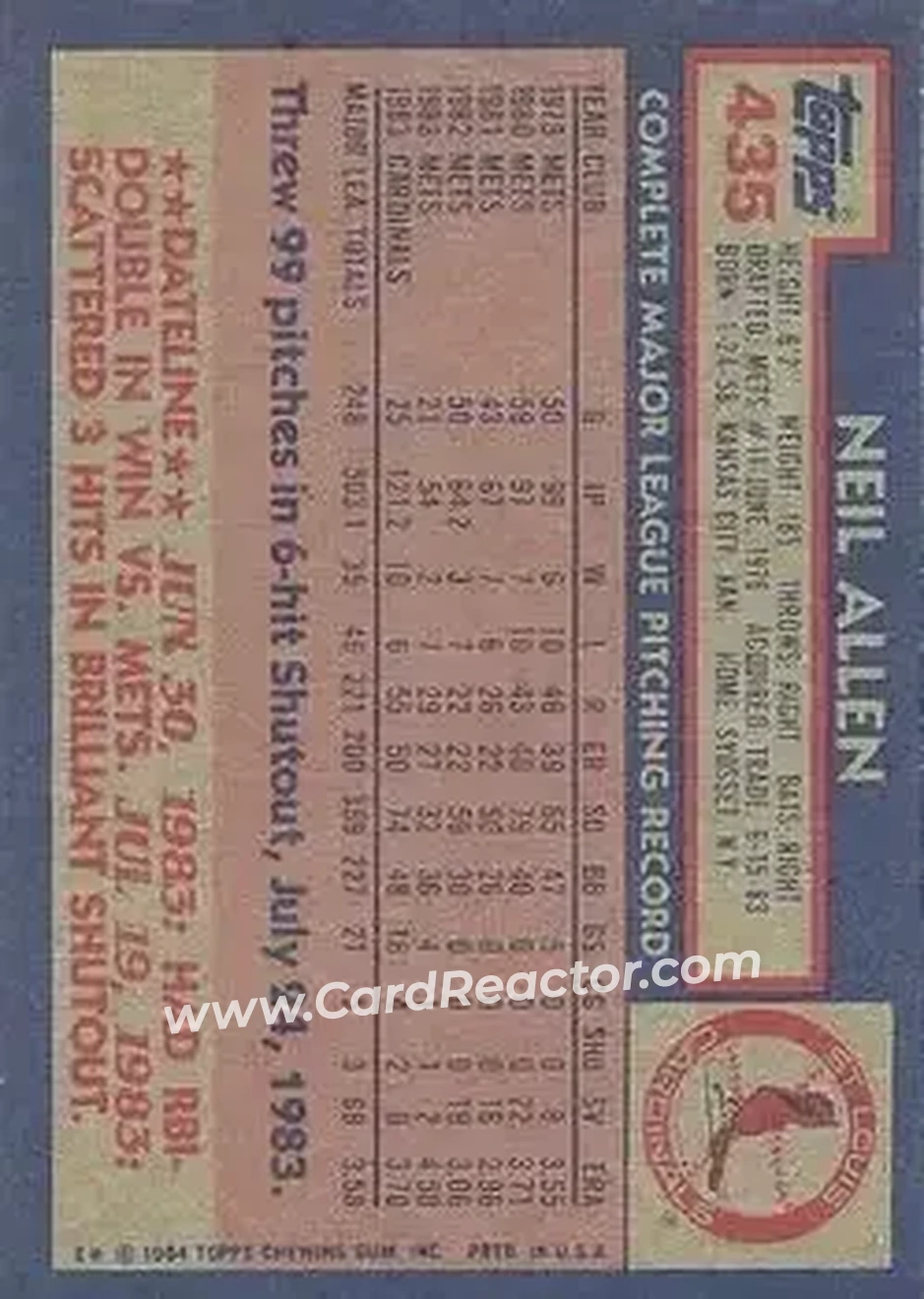 1984 Topps #435 - Neil Allen - St. Louis Cardinals - Back 1984 Topps #435 - Neil Allen - St. Louis Cardinals - Back