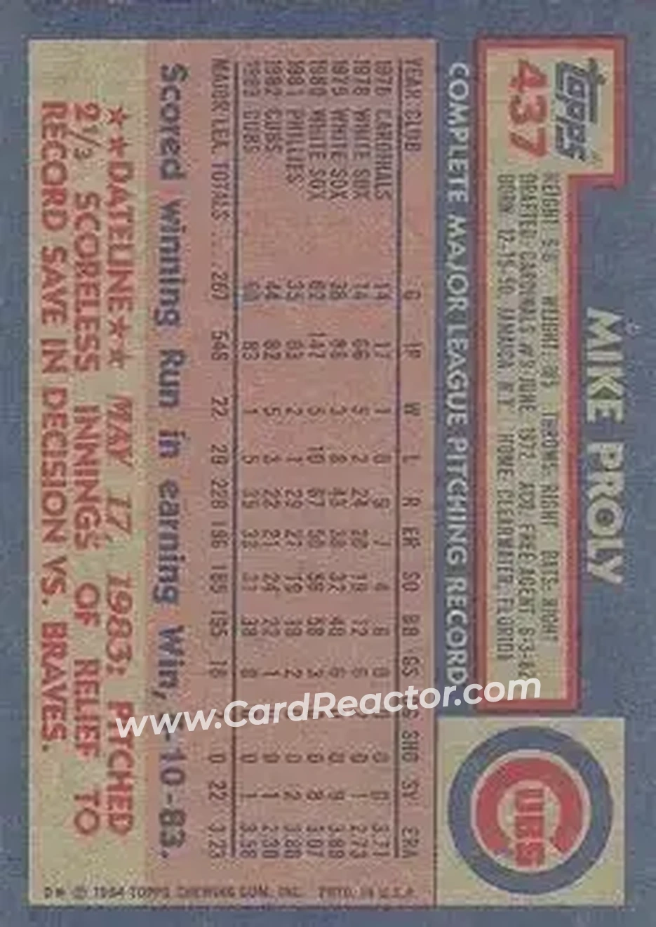 1984 Topps #437 - Mike Proly - Chicago Cubs - Back