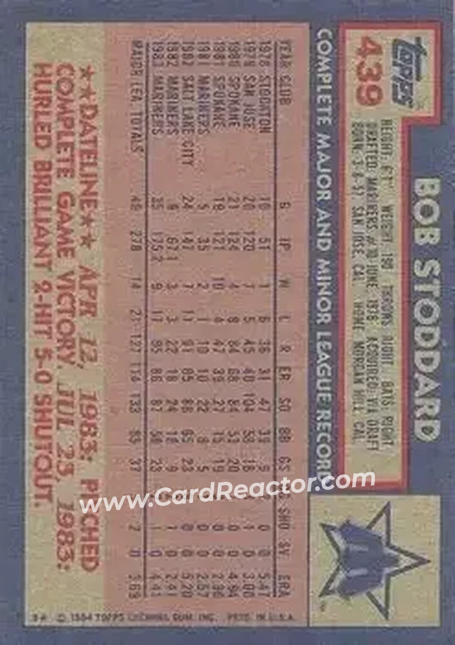1984 Topps #439 - Bob Stoddard - Seattle Mariners - Back