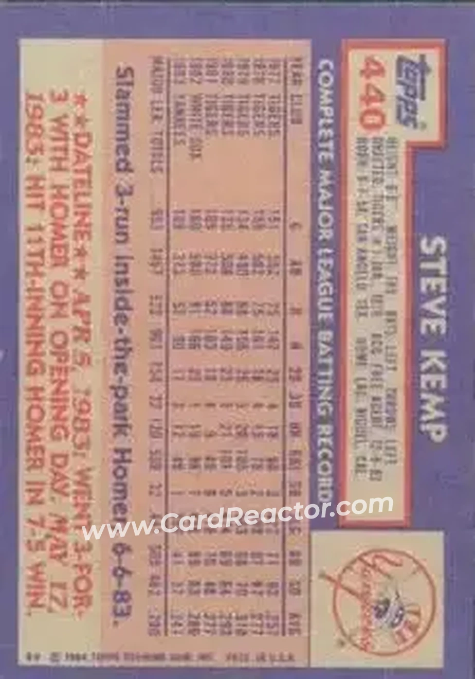 1984 Topps #440 - Steve Kemp - New York Yankees - Back