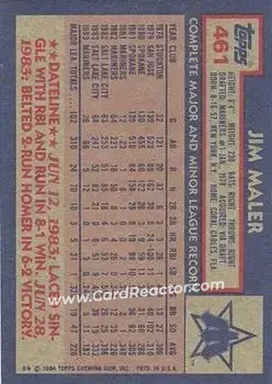 1984 Topps #461 - Jim Maler - Seattle Mariners - Back