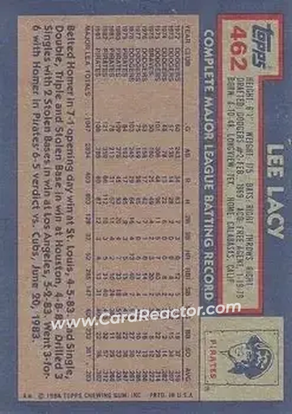 1984 Topps #462 - Lee Lacy - Pittsburgh Pirates - Back