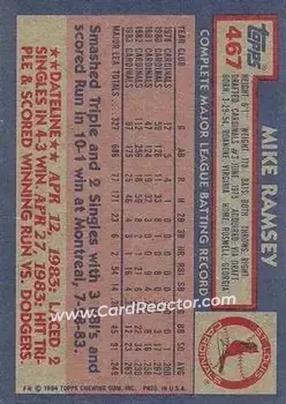 1984 Topps #467 - Mike Ramsey - St. Louis Cardinals - Back 1984 Topps #467 - Mike Ramsey - St. Louis Cardinals - Back